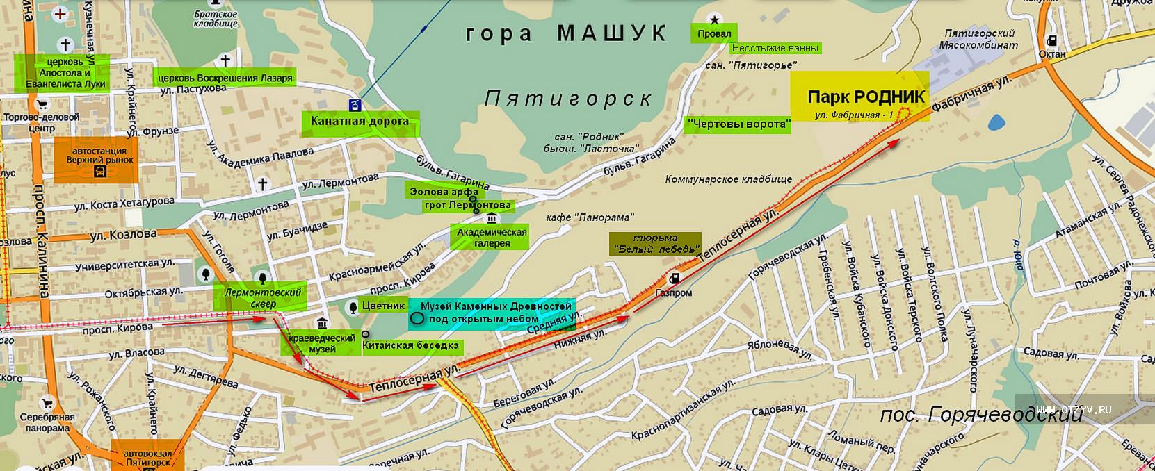 Карта Пятигорска с санаториями и улицами ЖД вокзал